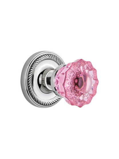 Rope Rosette Door Set with Colored Fluted Crystal Glass Knobs Pink in Polished Chrome.